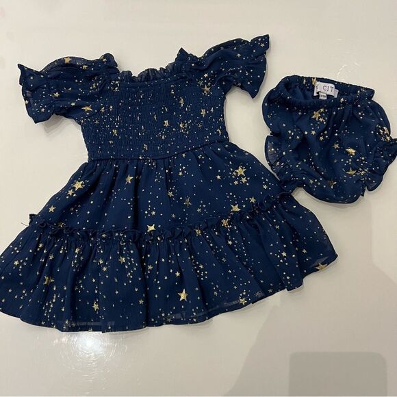 Matching SET Mommy Baby Ivy City Co Starry Nights Puff Sleeve Smocked Dresses - Picture 5 of 11